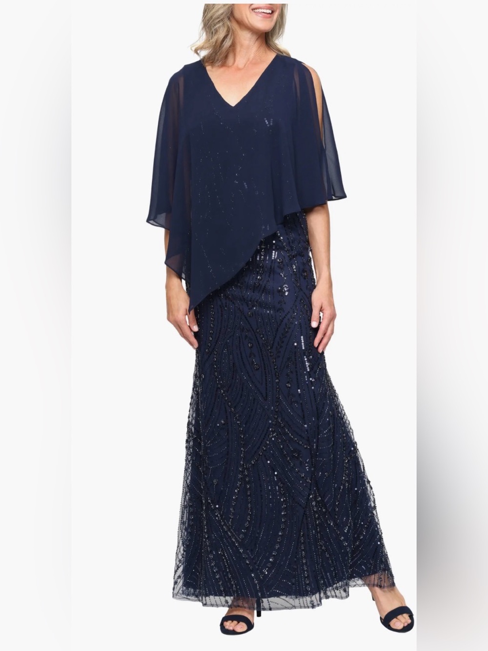 SLNY Embellished Chiffon & Mesh Navy Blue Gown Size:18